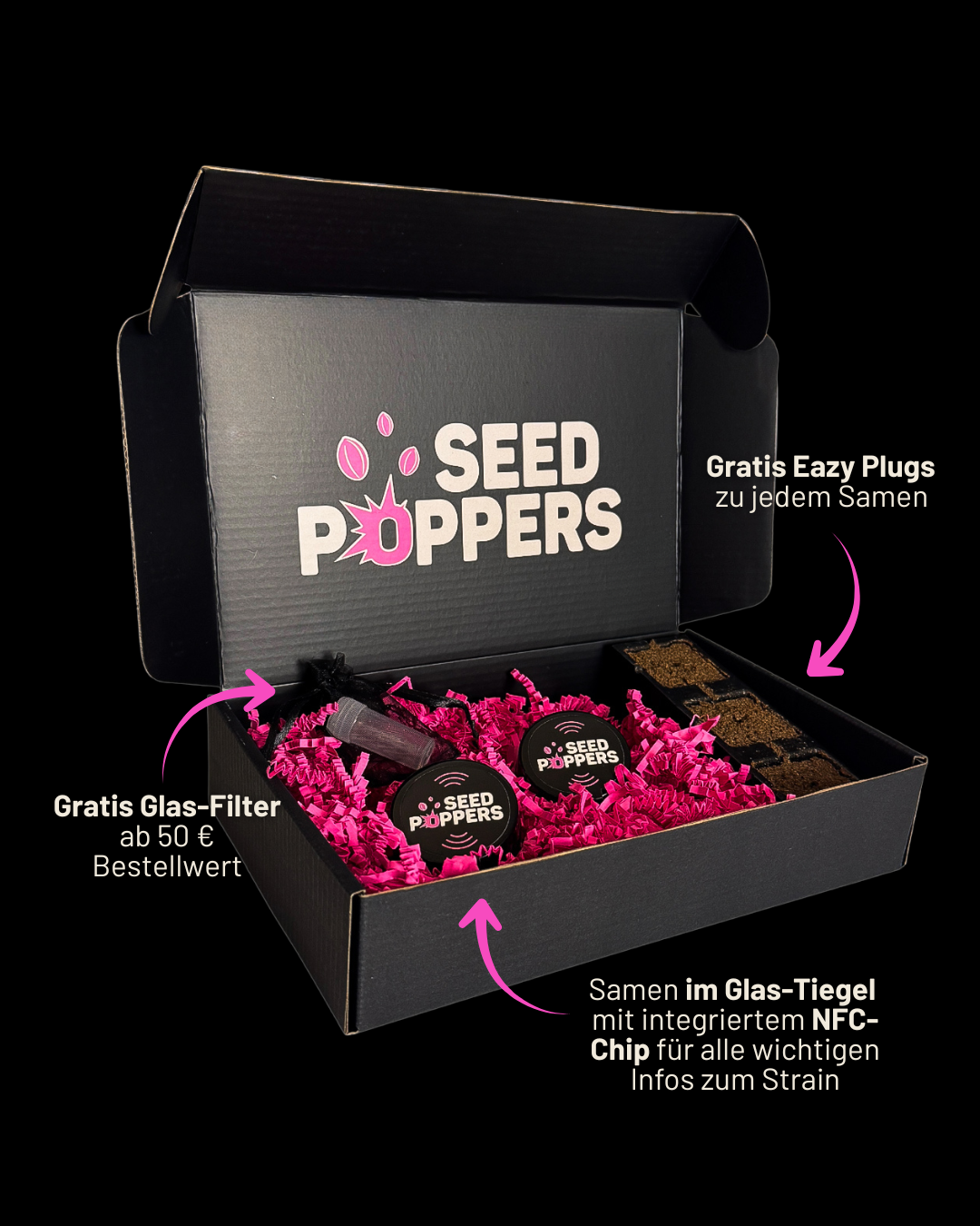 Seedpoppers Box mit Glasverpackung und NFC-Chip im Deckel.