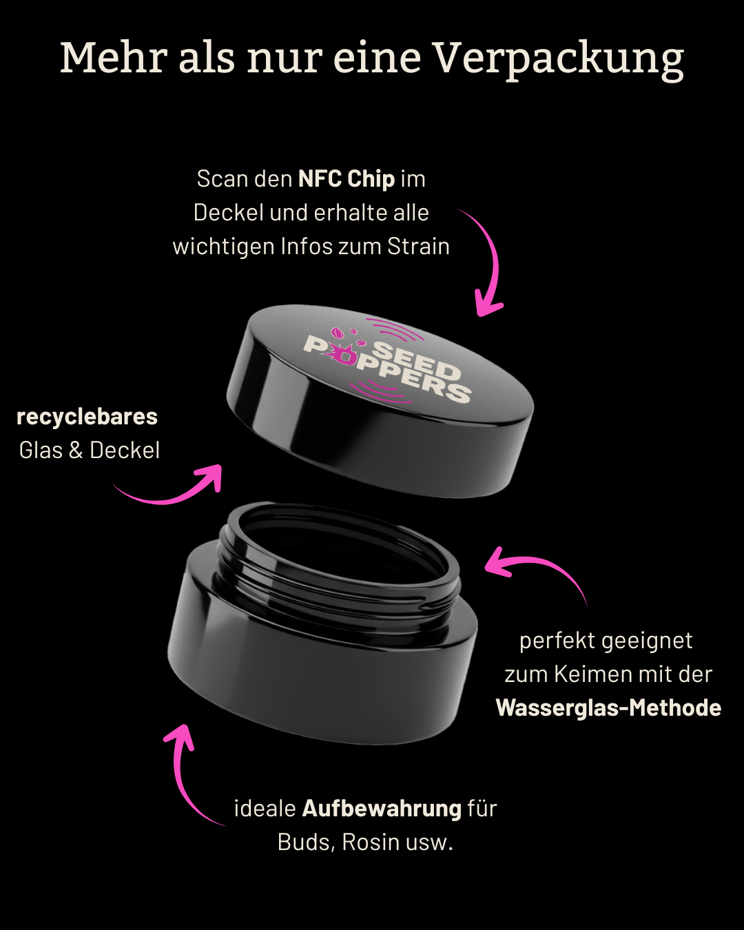 Seedpoppers Glasverpackung mit NFC-Chip im Deckel.