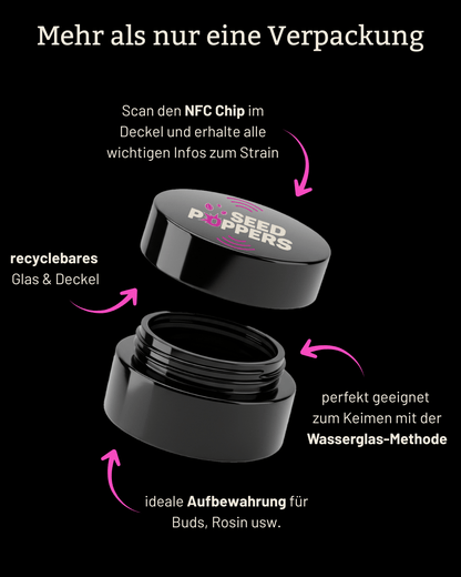 Seedpoppers Glasverpackung mit NFC-Chip im Deckel.